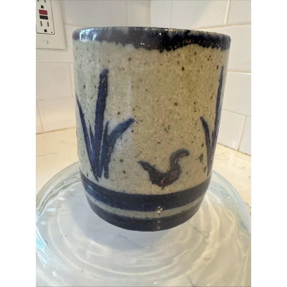 Studio Art Pottery Vase Planter Blue Ban Brown speckles Signed